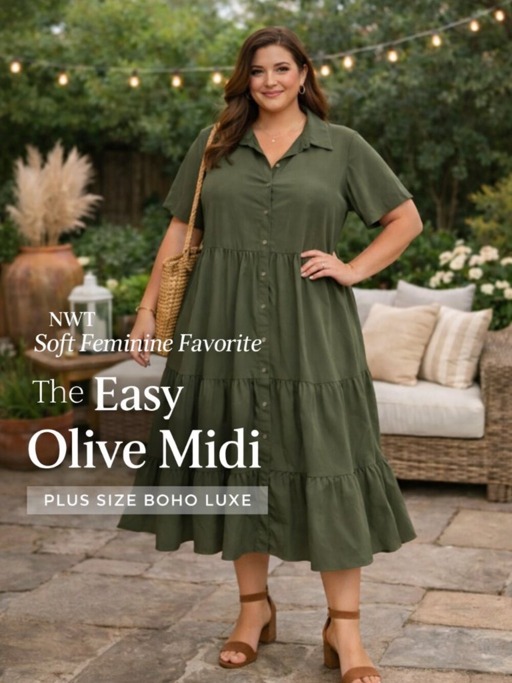 Buxom Curvy NWT Olive Green Tiered Midi Shirt Dress 3X Plus Size Boho Luxe